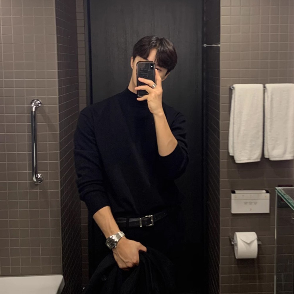 Casual Men Half Turtleneck Inner Layer Long Sleeve Top Loose Fit for Daily Wear