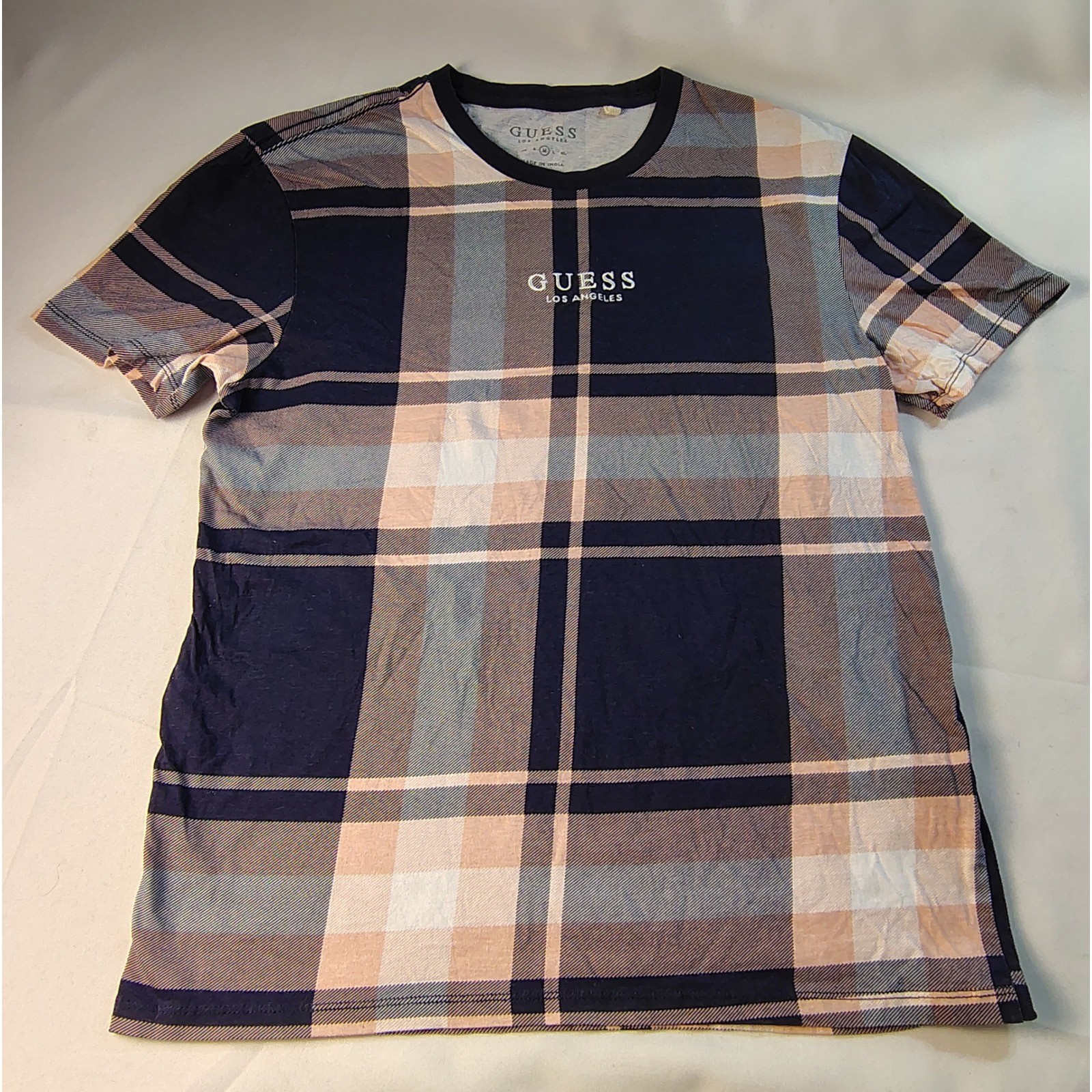 Guess Los Angeles Mens M Plaid Graphic T-Shirt Navy Tan Blue Cotton X1BI57 KAK95
