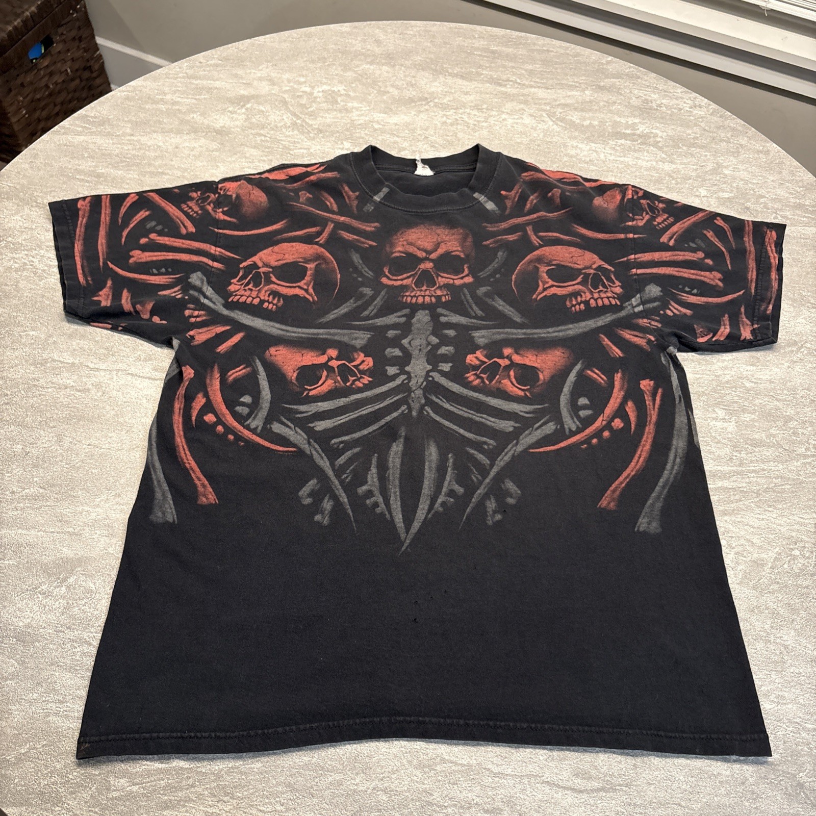 VTG Skulls Skeleton T-Shirt Mens XL Black Hardcore AOP Y2K Skater Grunge Street