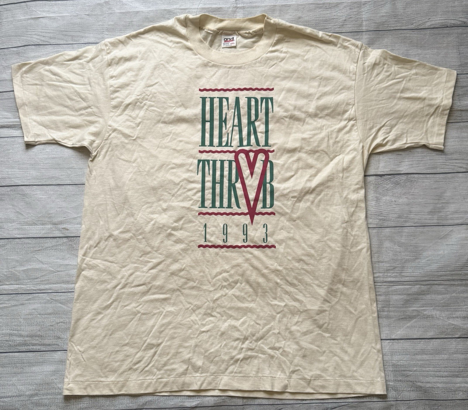 Vintage 90s Single Stitch Band Tee Style Heart Throb Shirt XXL 1993 White Defect