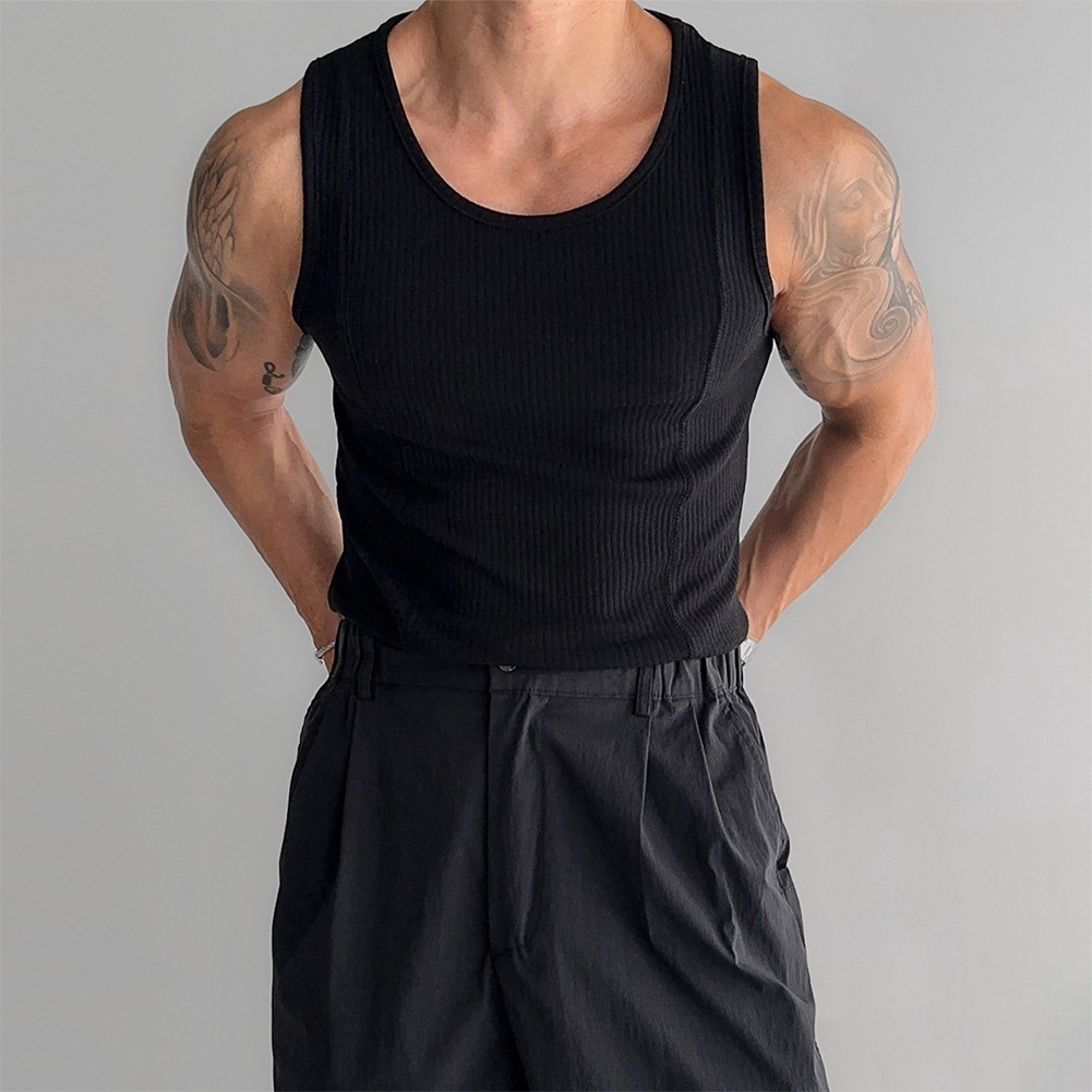 Male Top Mens Vest Casual Minimalist O-Neck Regular Ribbed Sleeveless Slim
