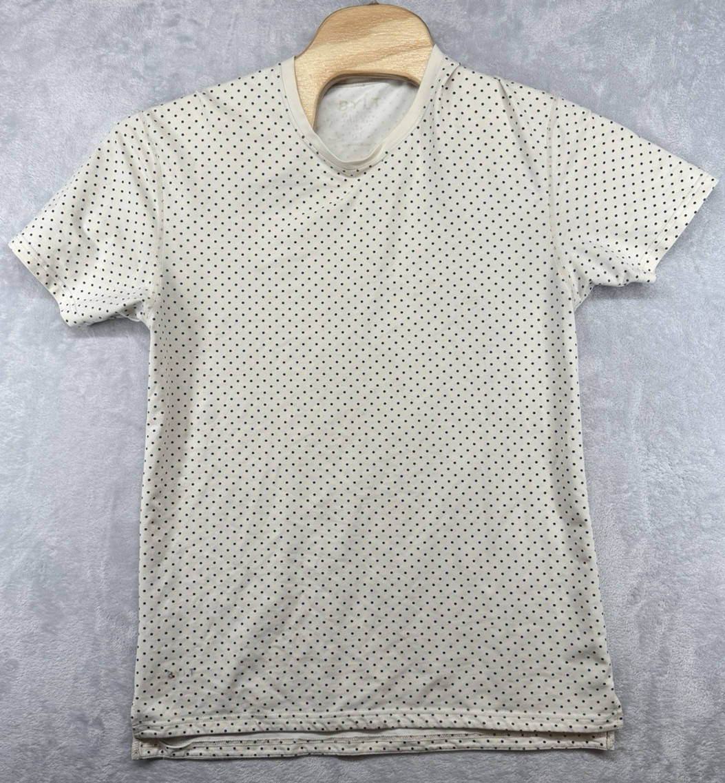 BYLT Basic Crew Split Hem Lux T Shirt Beige Polka Dot Men’s Size Large L EUC