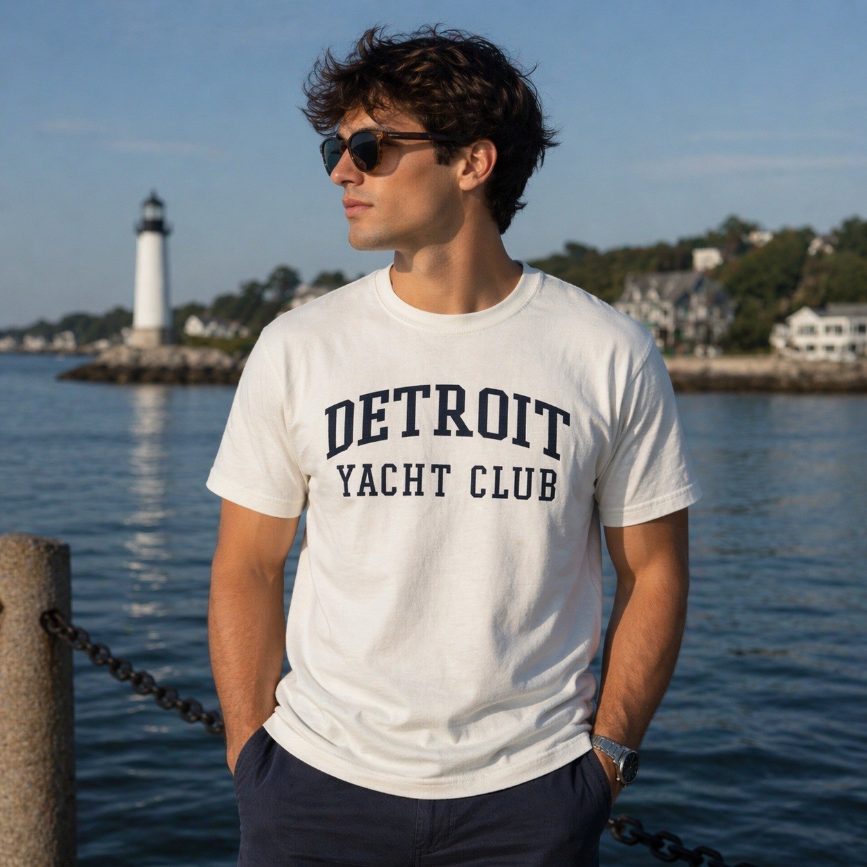 Champion Detroit Yacht Club Graphic T-Shirt White Cotton Mens M T425 WH Nautical