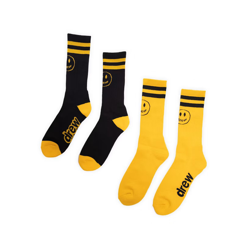Drew House Mascot Stripe Socks 2pk Black / Golden Yellow NWT IN PACKAGING
