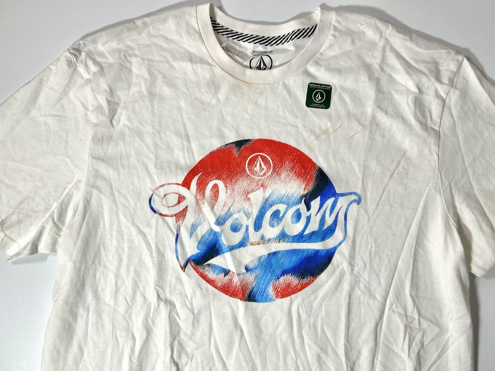 (See Pics) L Volcom Electrode Circle Logo White Red Blue Surf Shirt