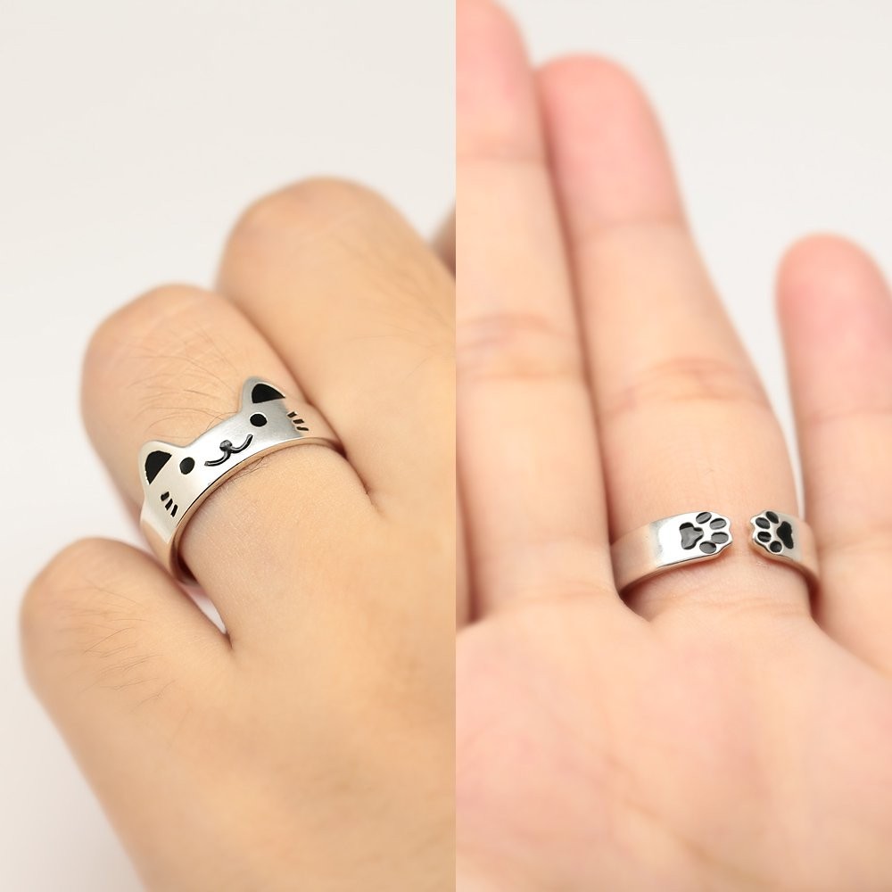 925 Sterling Silver Cat Ring, Adjustable Open Kitty Ring Size US 6-7, Cute An…