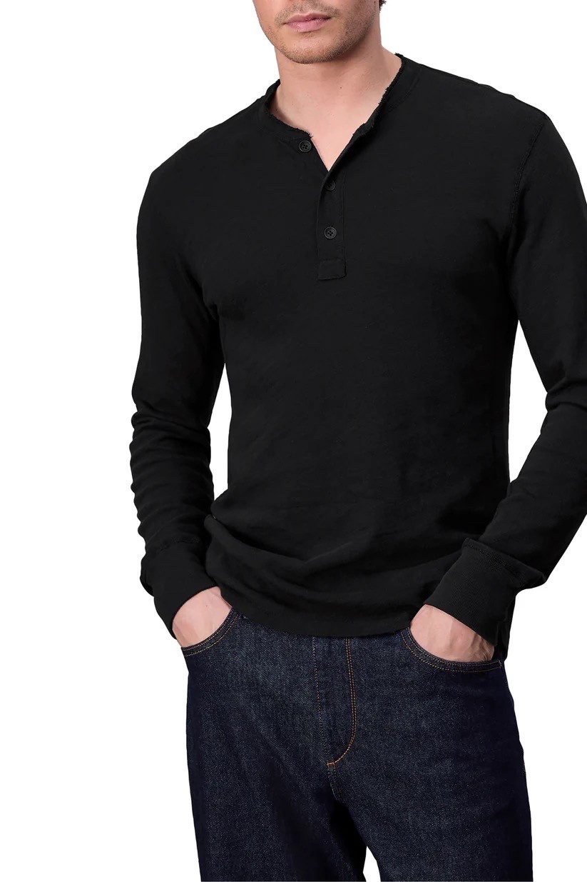 RAG & BONE Men’s Long Sleeve Classic Flame Henley T-Shirt, Jet Black, Size XL