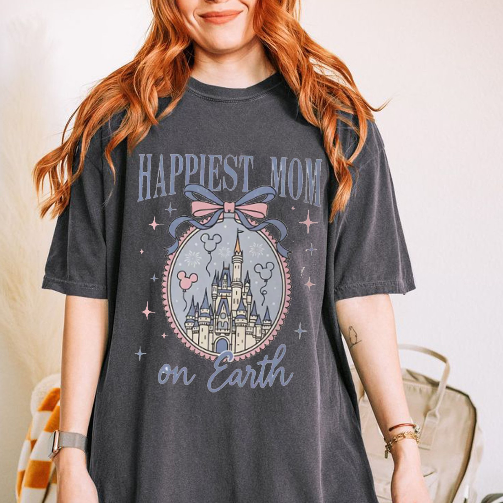Happiest Mom On Earth T-Shirt, Disney Castle Coquette Bow Tee for Mom, Mother’s