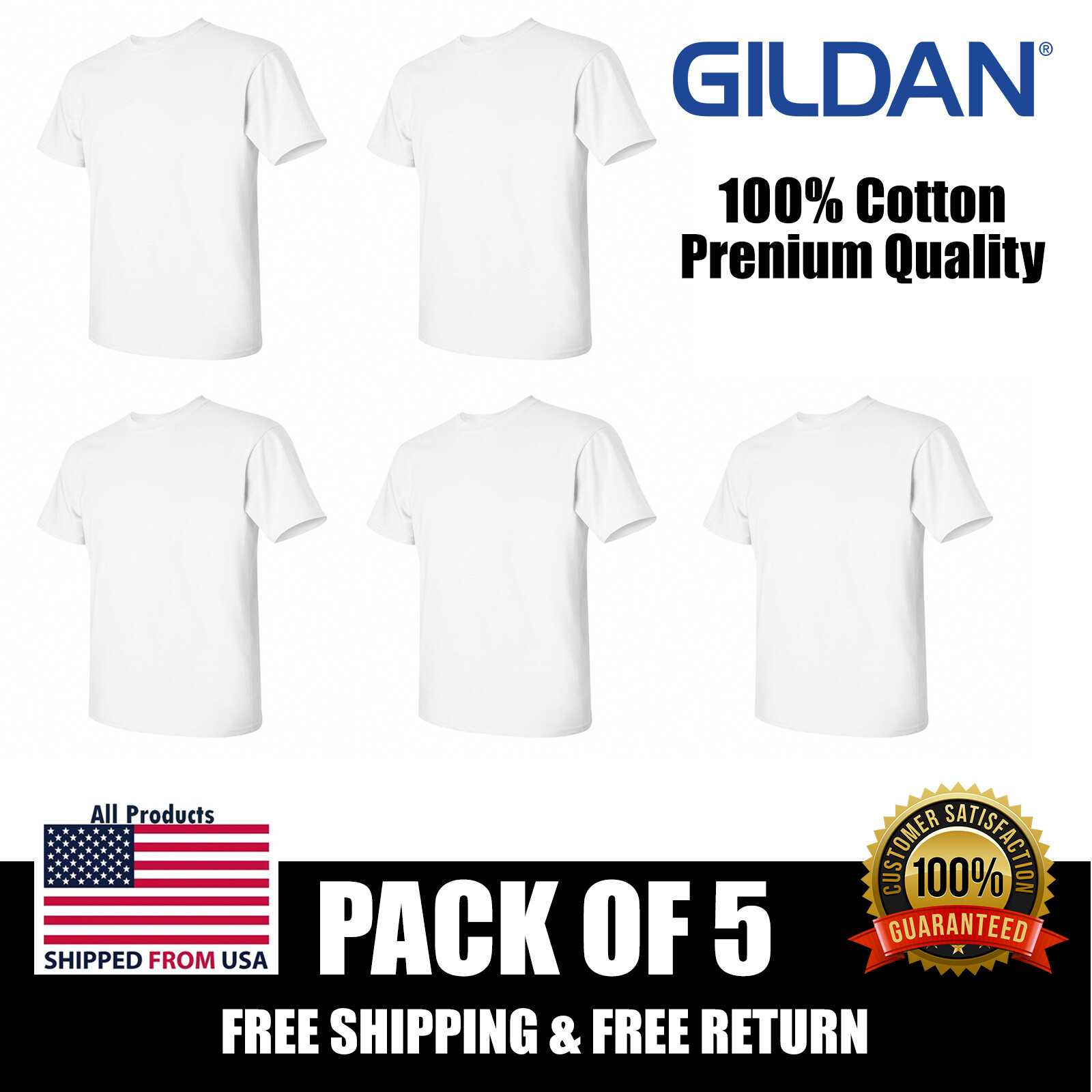 PACK OF 5 Gildan G500 Mens White T-Shirt Heavy Cotton™ 5.3 oz. 100% T Shirt