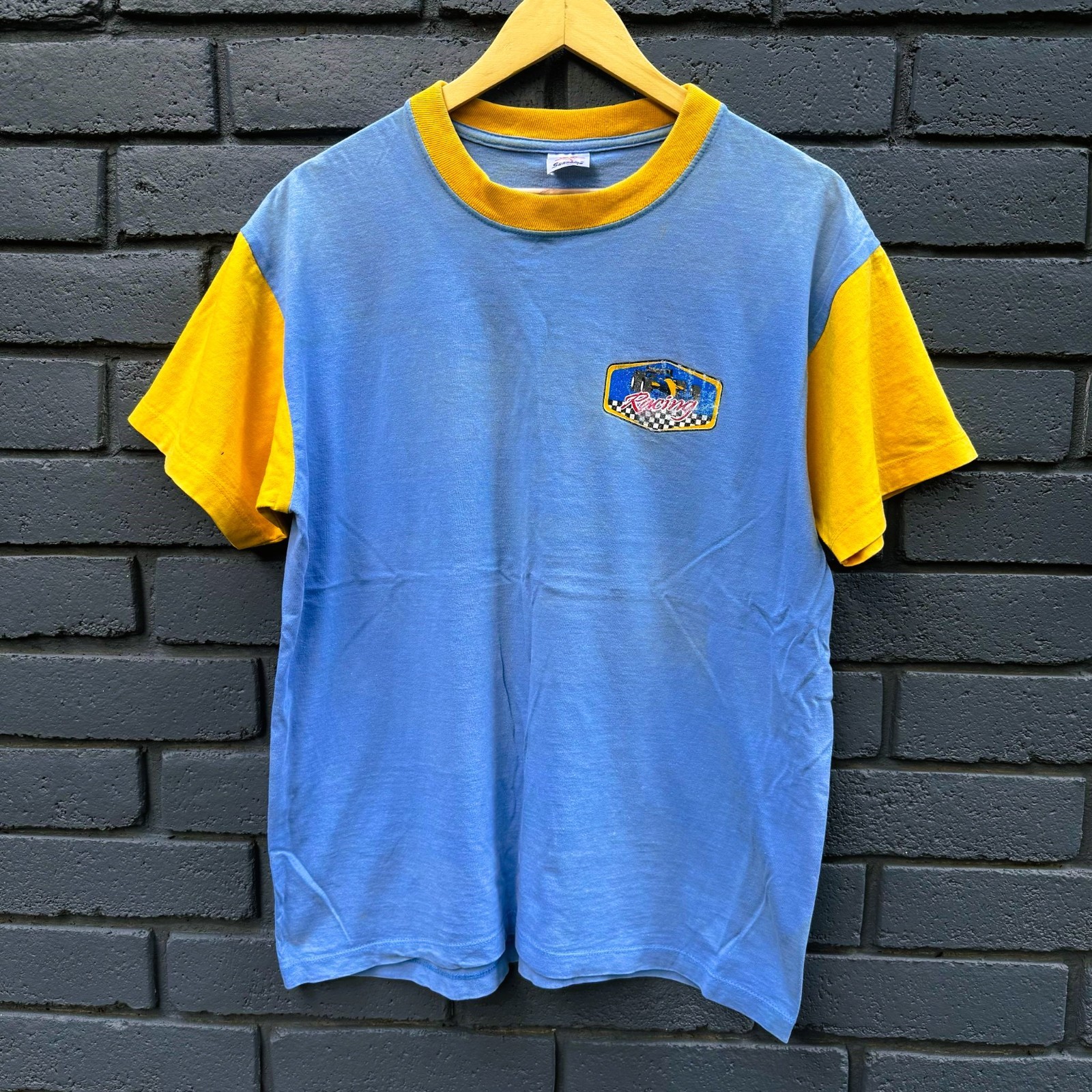 VTG Sunshine T shirt Racing Graphic Print Colorblock Blue Yellow L Short Sleeves