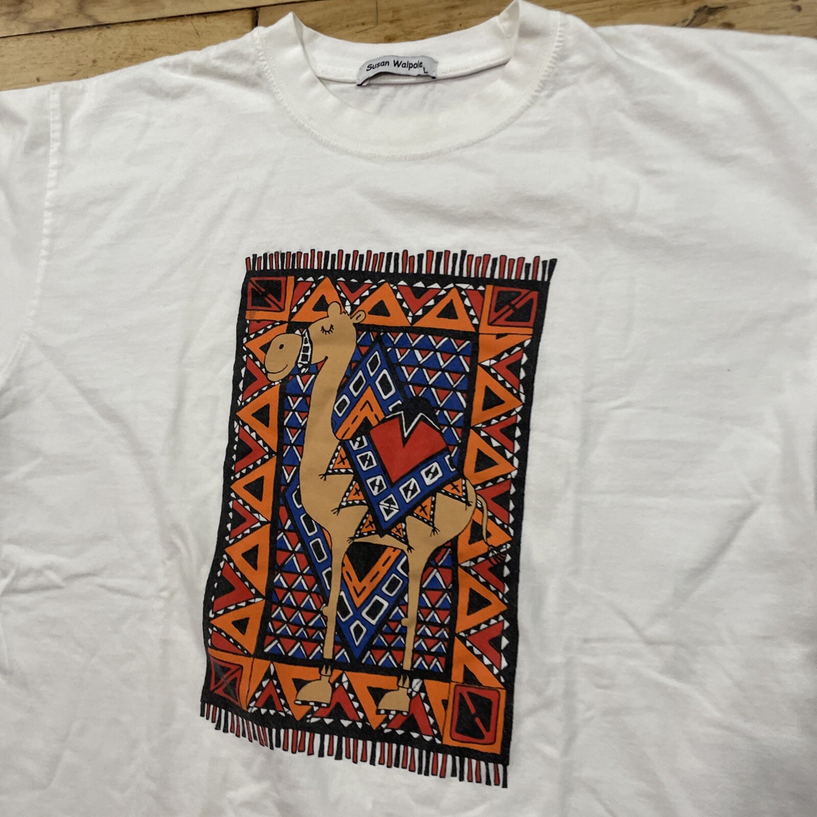 Susan Walpole Shirt Adult L Crop Art Camel Rug Geometric Graphic White Orange