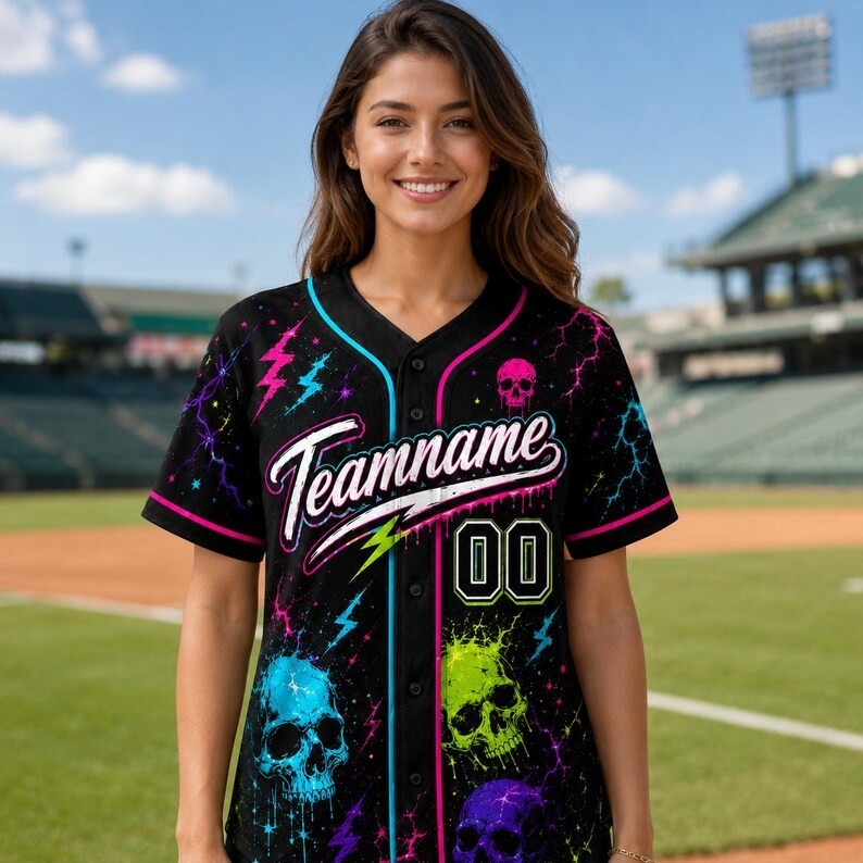 Custom Neon Skulls Lightning Baseball Jersey Personalized Name Number Shirt Kids