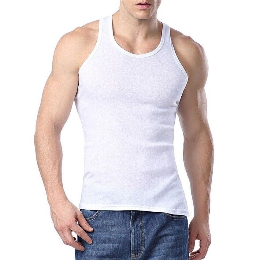 Men Tank Top 100%Cotton Ribbed White A-Shirt Wife Beater Undershirts Size:S-4XL