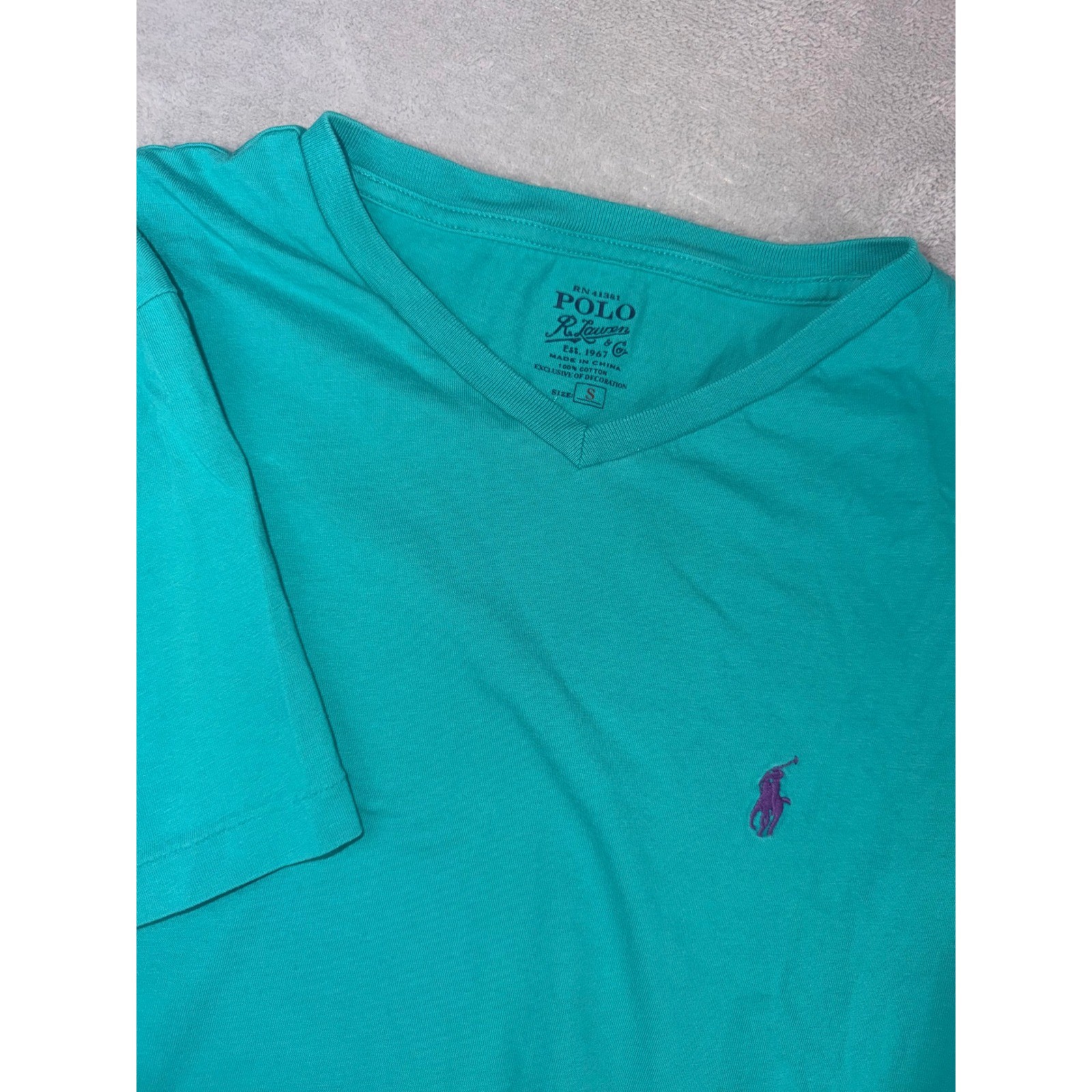 Polo Ralph Lauren Mens Small V-Neck T-Shirt Teal Green Purple Pony Logo Cotton
