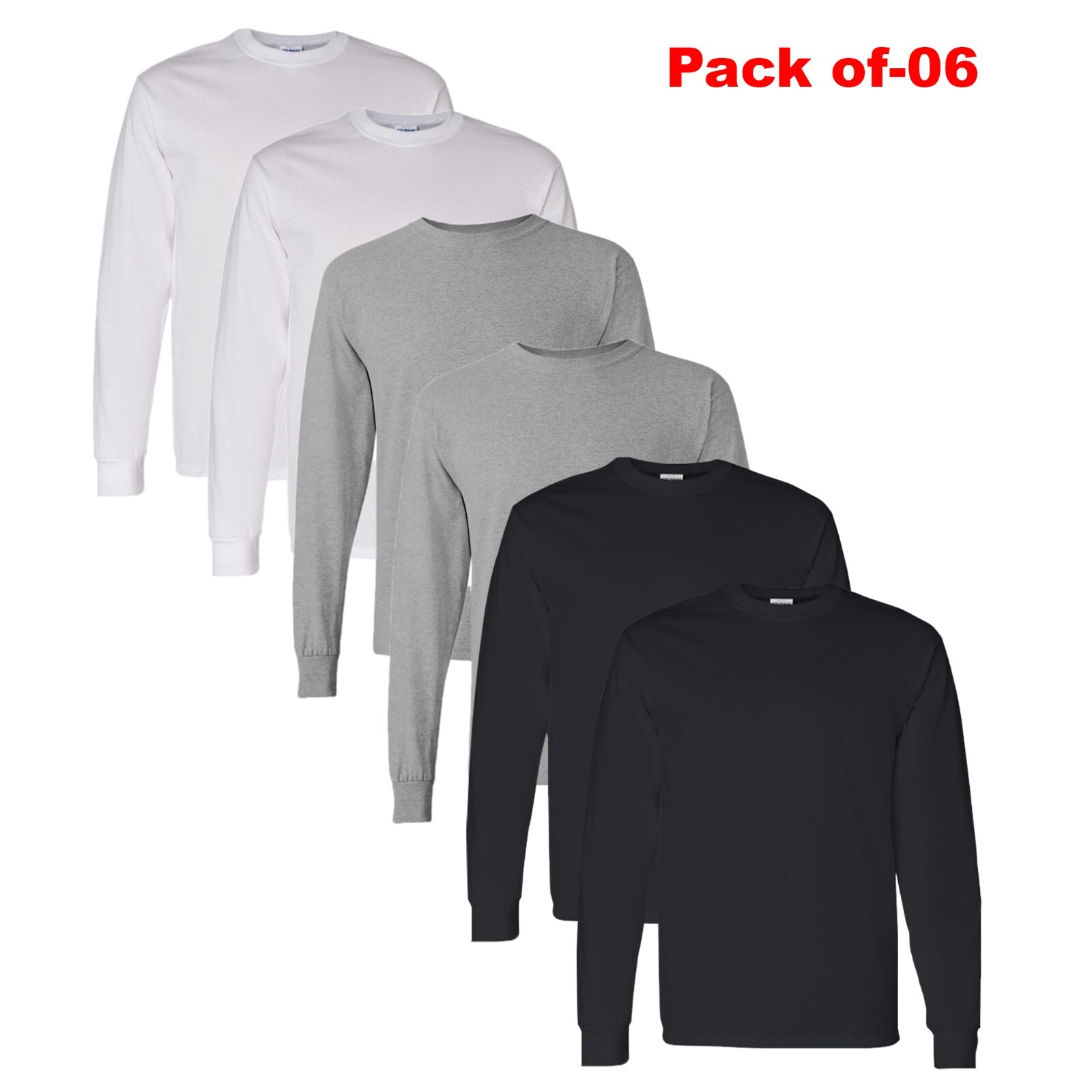 Gildan – Long Sleeve T-Shirt 5.3 oz.,100% cotton Assorted Multicolor Tee Pack 6