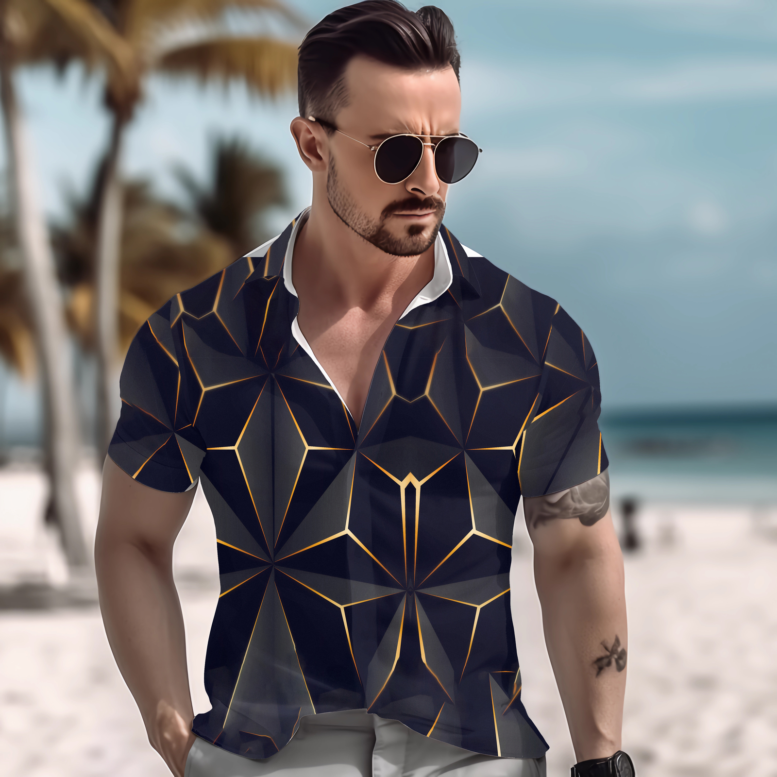 Men Hawaiian Shirts Floral Palm Tree Sunset Surf Beach Party Holiday Stag Dance
