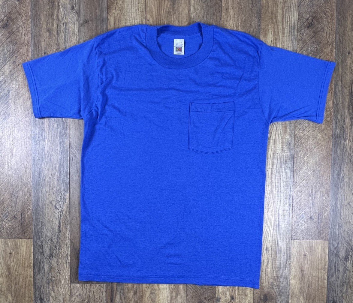 Vintage 90s Fruit of the Loom Golden Blend Pocket Tee L Blue USA Made Selvedge