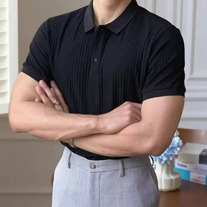 Male Casual Vintage Comfortable Lapel T-shirt Knitted Top 2025 New Summer Men Tr