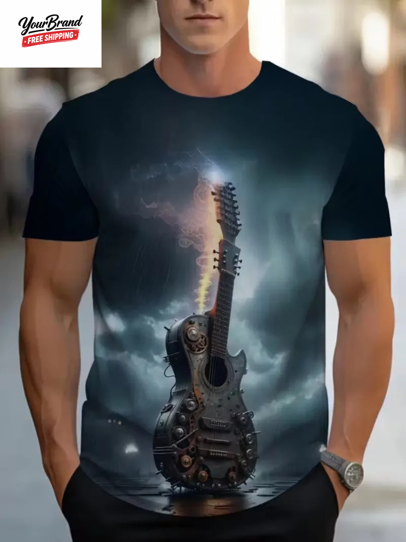 2025 Hip Hop Guitar Graphic T-Shirt for Men Trendy Rock Crew Neck Short Sleeve T