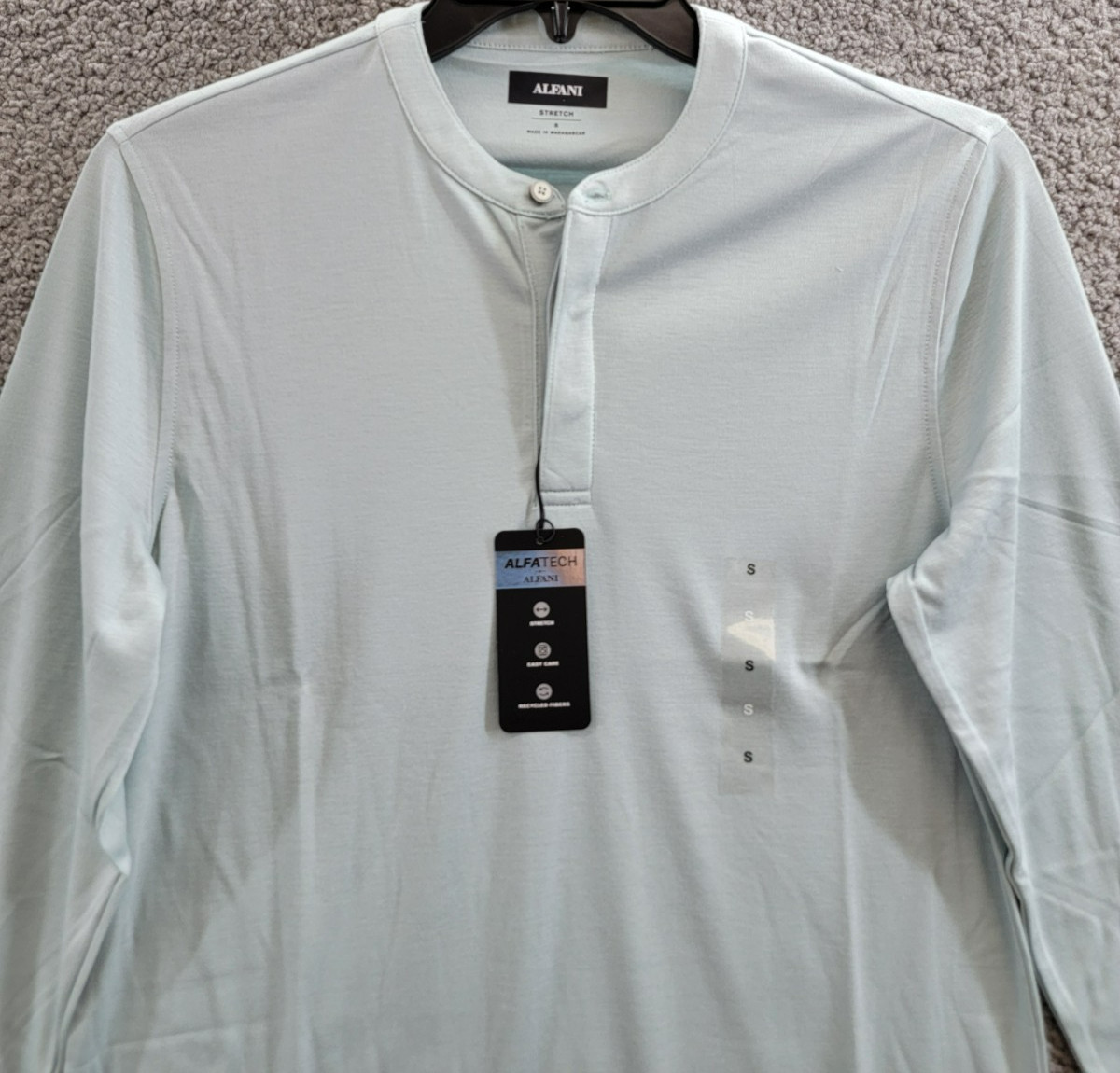 Alfani Alfatech Solid Henley Neck Shirt Men’s S Cloud Blue Long Sleeve Pullover