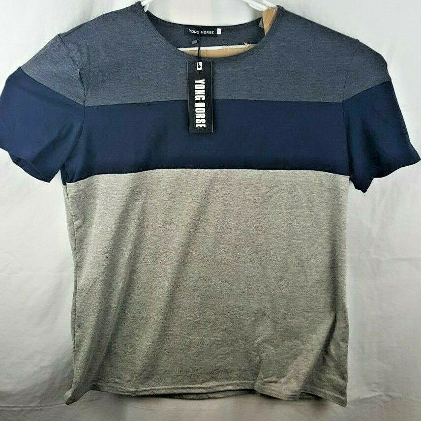 Fashion Yong Horse ColorBlock Panel Crew neck Tags S/S T Shirt Top Men XXL New