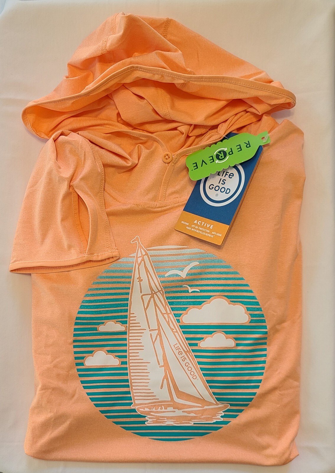 Life Is Good LS Active Hooded Tee SMOOTH SAILING Moister Wicking UPF Men L 47in