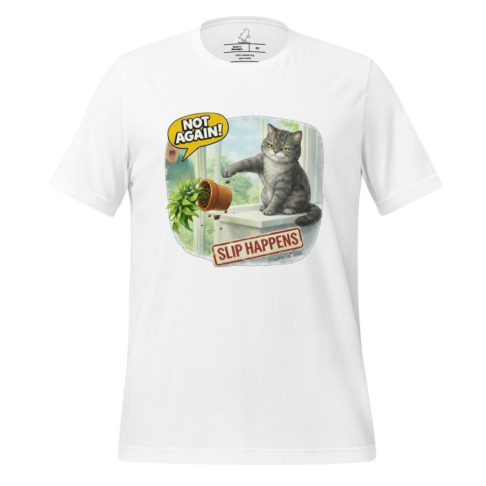 Cat Slip Happens Funny T-Shirt Front Only Random Meme White Silver Unisex