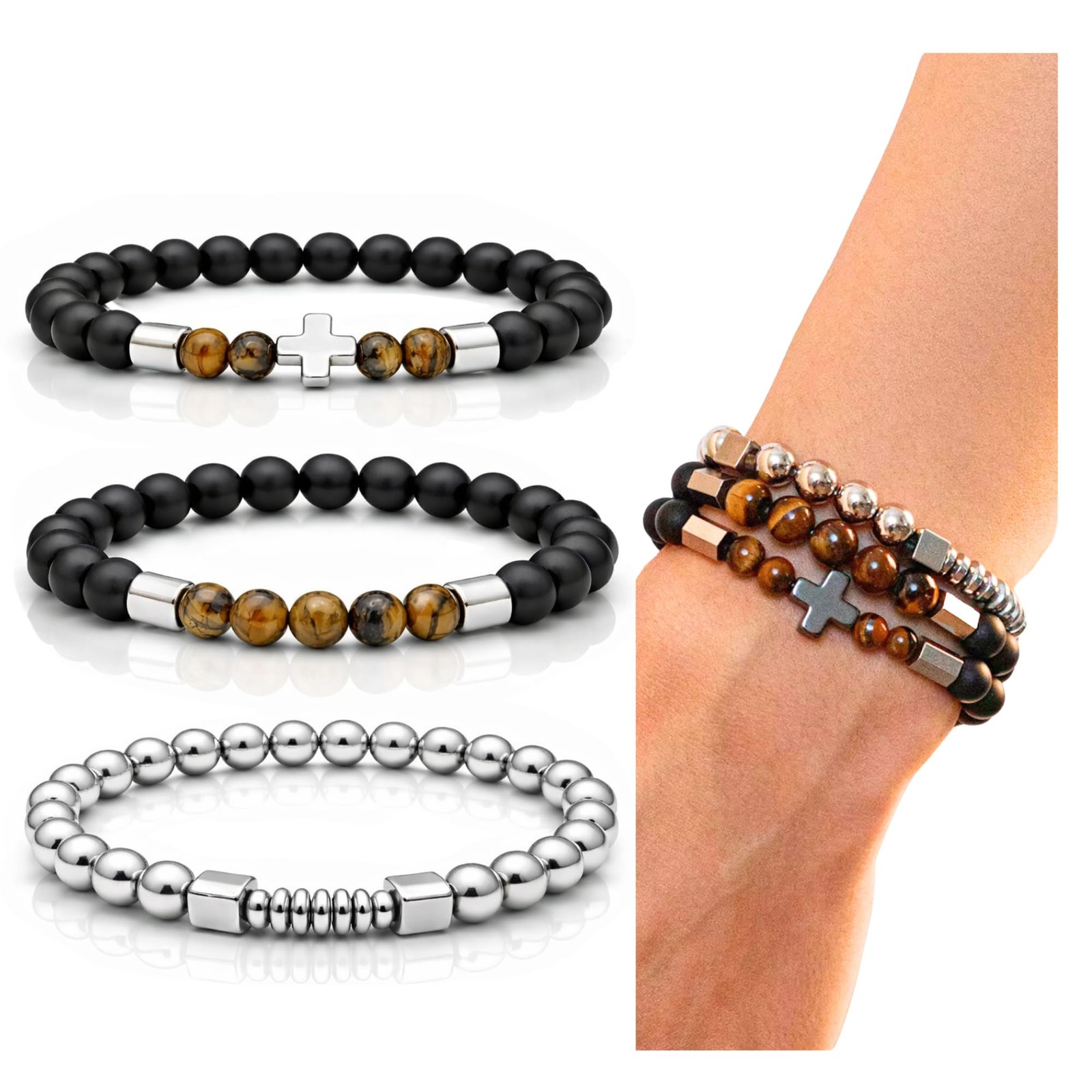 3 PCS Triple Protection Bracelet Set for Men Tiger Eye, Hematite, Onyx Beaded…