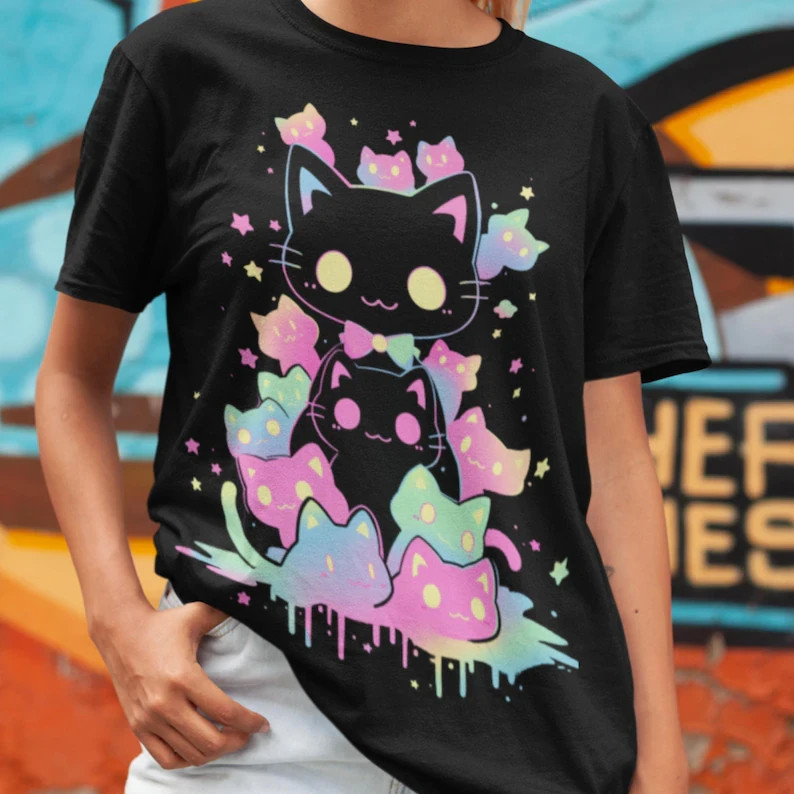 Unisex Oversized T-shirt, Pastel Goth Neon Cat Anime Tee | Harajuku Streetwear,