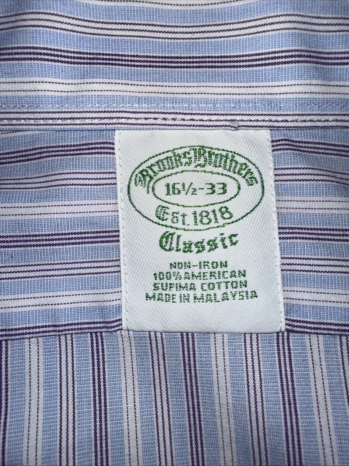 Brooks Brothers Classic 16.5 33 Blue White Striped Non-Iron Supima Cotton Shirt
