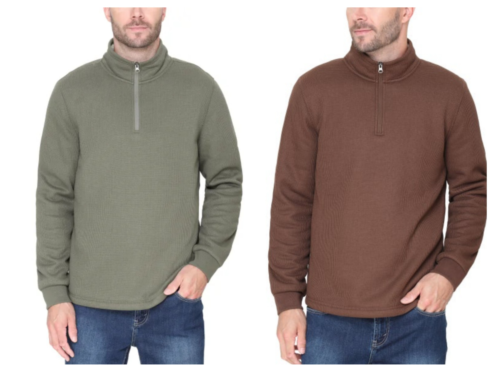 (2) New BC Clothing Men Fleece Lined Quarter Zip Pullover Top GREEN Brown Medium