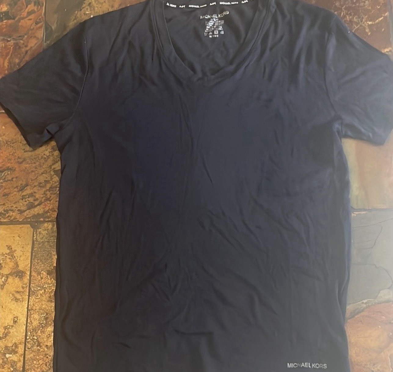 Michael Kors Men’s Solid V-Neck Logo Knit Cotton Modal Tee Short Sleeve L Black