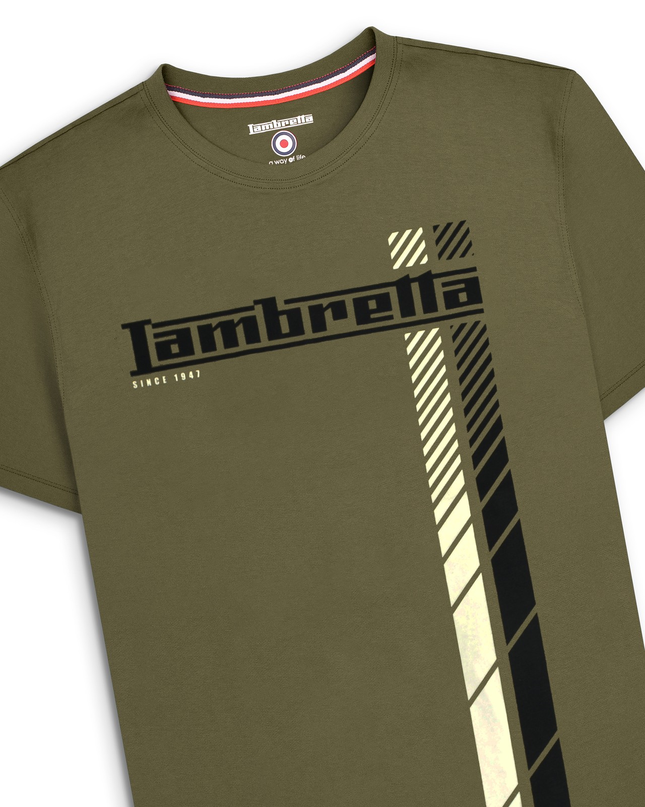 Lambretta Mens Khaki Fade Racing Stripe Retro Mod Ska Casual T-Shirts