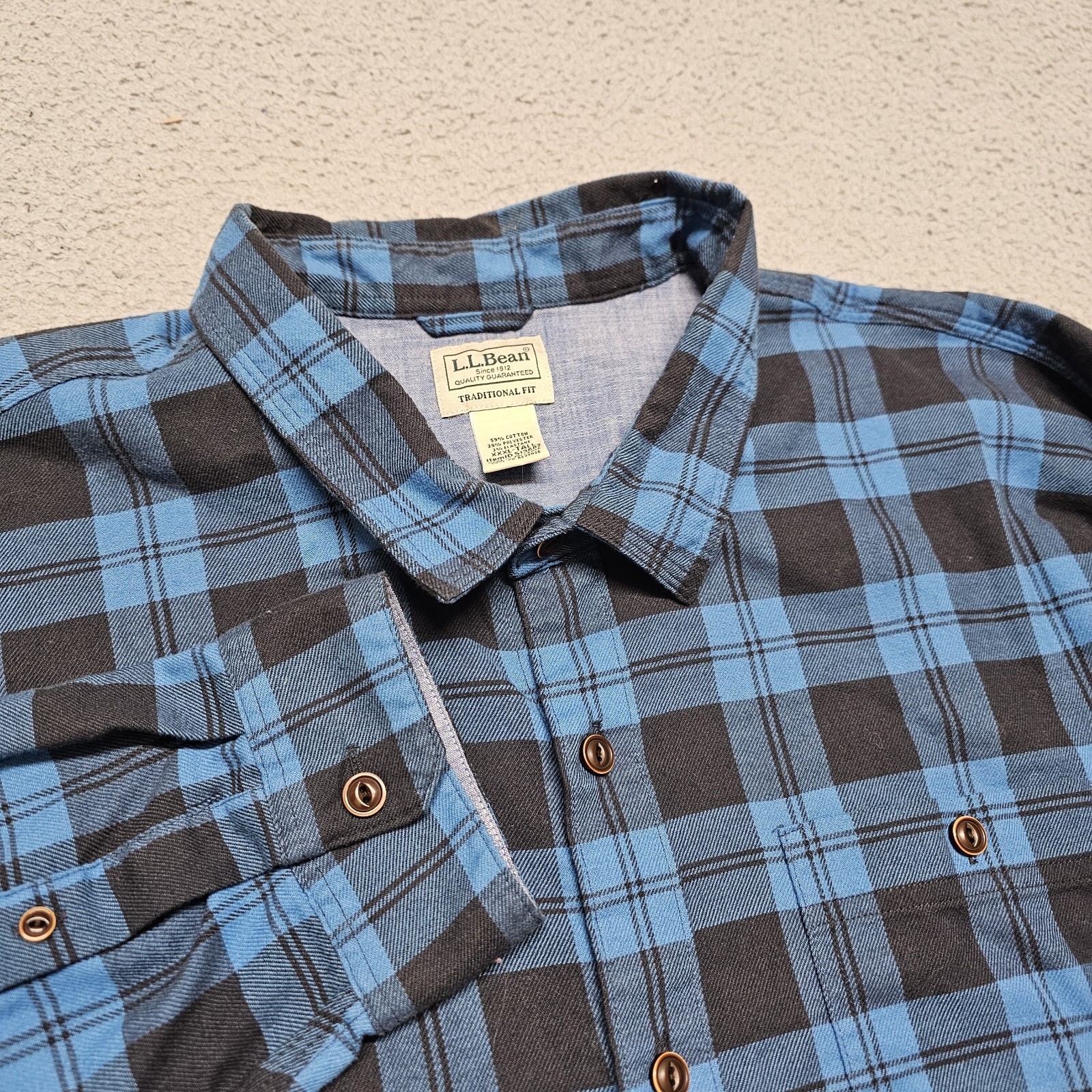 LL Bean Flannel Shirt Men’s 3XLT Blue Plaid Button Up Shirt #513682 Untucked Fit