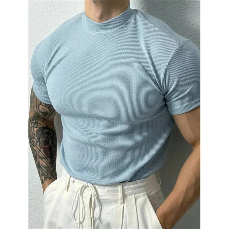 Men T Shirt Stripe Print Short Sleeve Elastic Fit High Collar Sport Gym Training