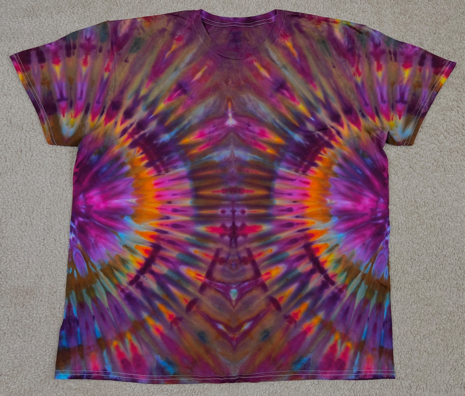Handmade Ice Tie Dye T-Shirt XL Mens Womens Soft Cotton Maroon Orange Fanfold