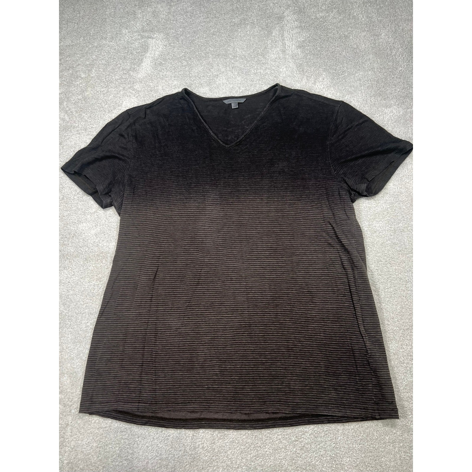 John Varvatos Mens Black Ombre Striped 100% Linen V-Neck T-Shirt Large Grunge