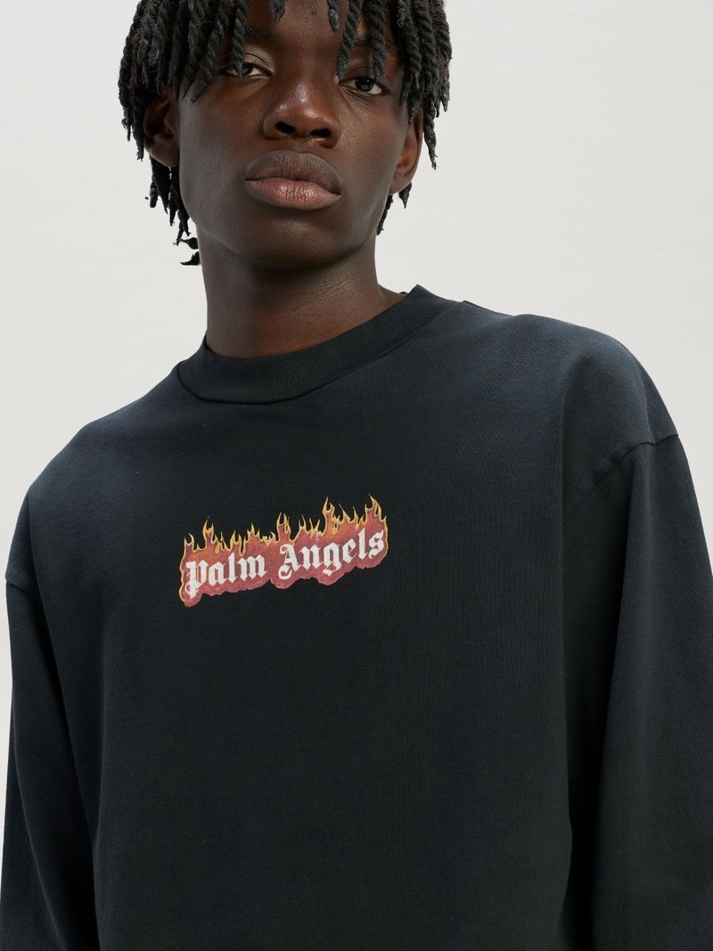 Palm Angels Burning Logo Classic Tee Long Sleeve Black Designer Shirt