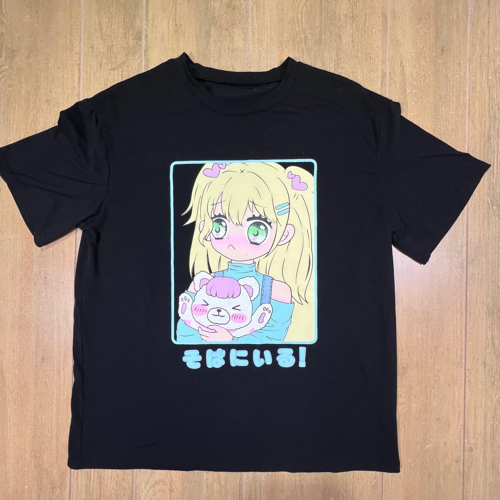 Romwe Mens Small Black Anime Graphic Tee Japanese Kawaii Bear T-Shirt S