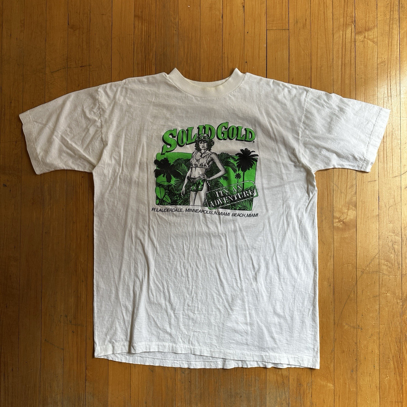 Vintage 80s 90s Solid Gold Strip Club T Shirt Thee Dollhouse XL 23.5×30 Miami