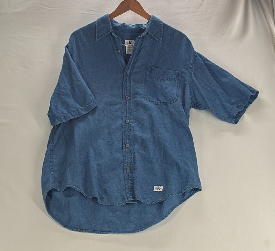 90s Calvin Klein Jeans Shirt Linen Cotton Minimalist Button Up Short Sleeve L