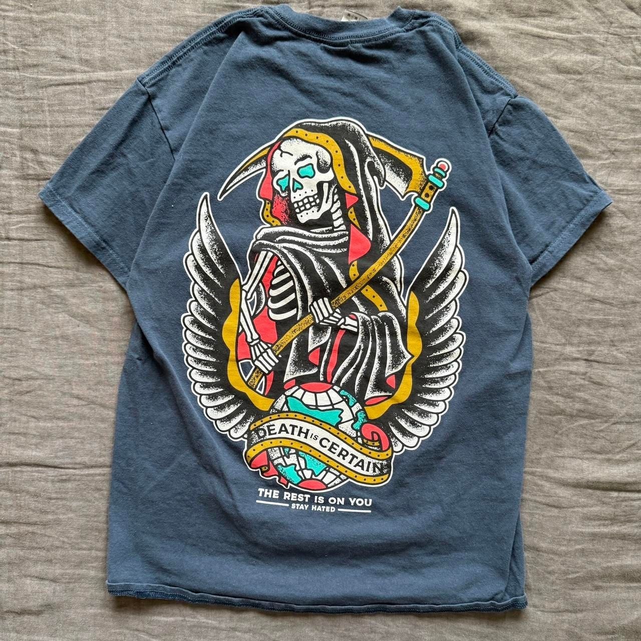 DEATH IS CERTAIN Graphic Skater Tee – Faded Blue Grunge Shirt, Size M