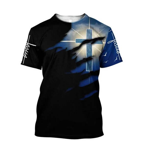 Glowing Light Cross Black And Blue Color Jesus AOP 3D Shirt Full Size S-5XL