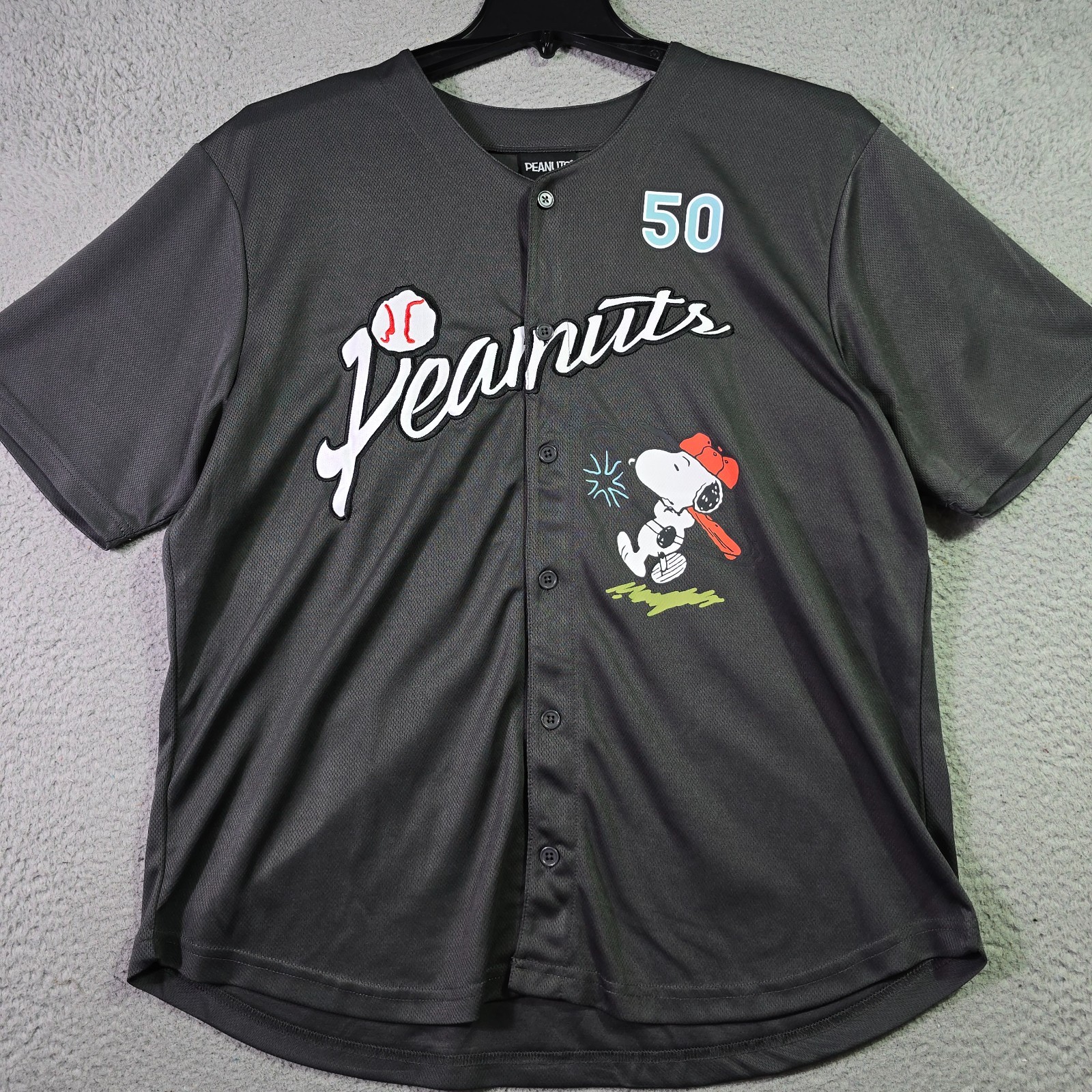 Peanuts® Snoopy Baseball Jersey shirt Mens Large Black Charlie Brown Button NWT