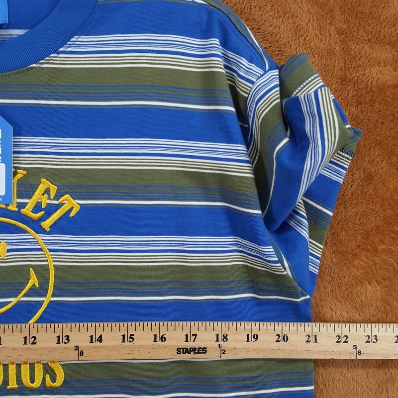 MARKET STUDIO Shirt Mens Small Blue Stripe Pullover Crew Smiley T-Shirt Tee