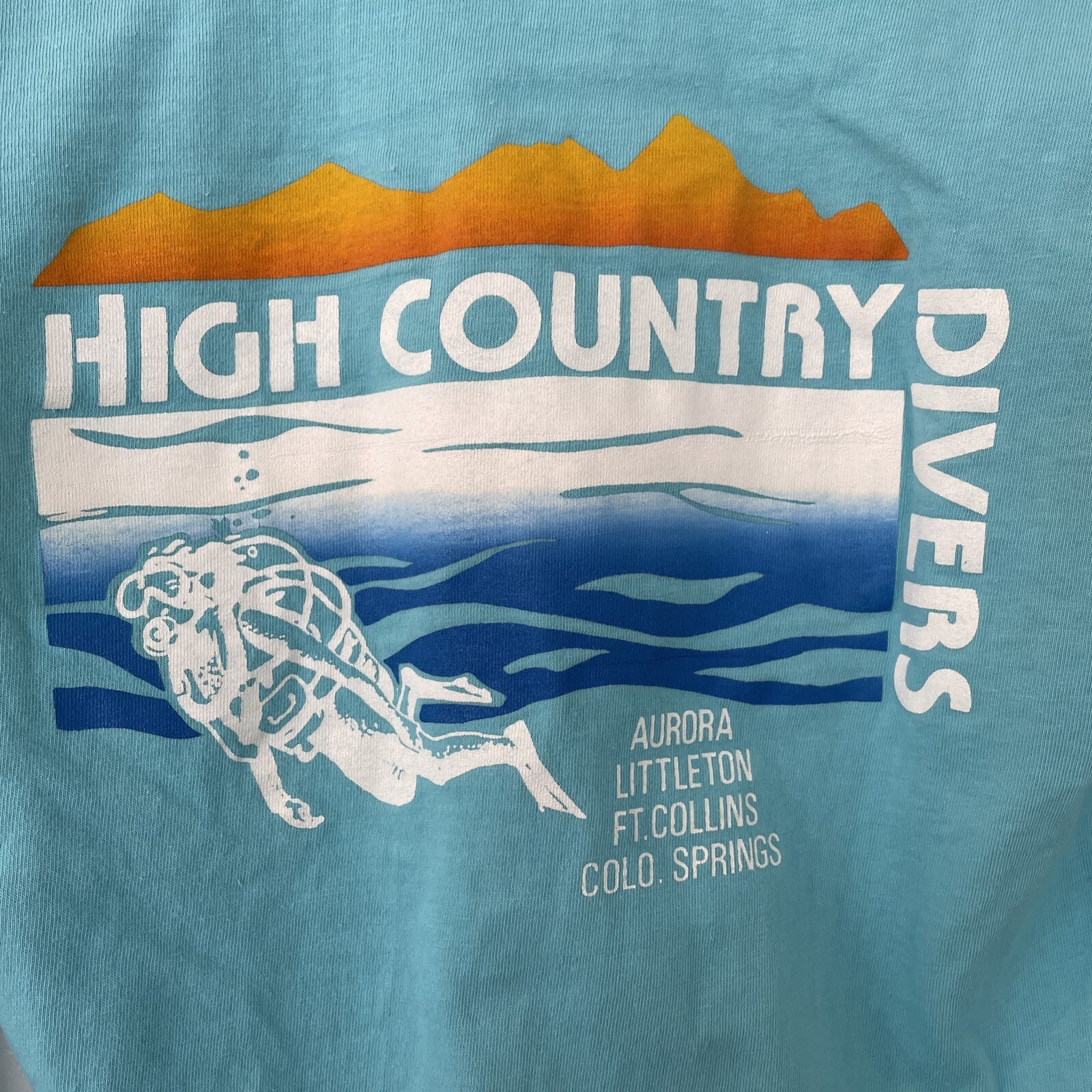 Vintage High Country Dives Graphic Scuba Print Blue T Shirt Size M Single Needle