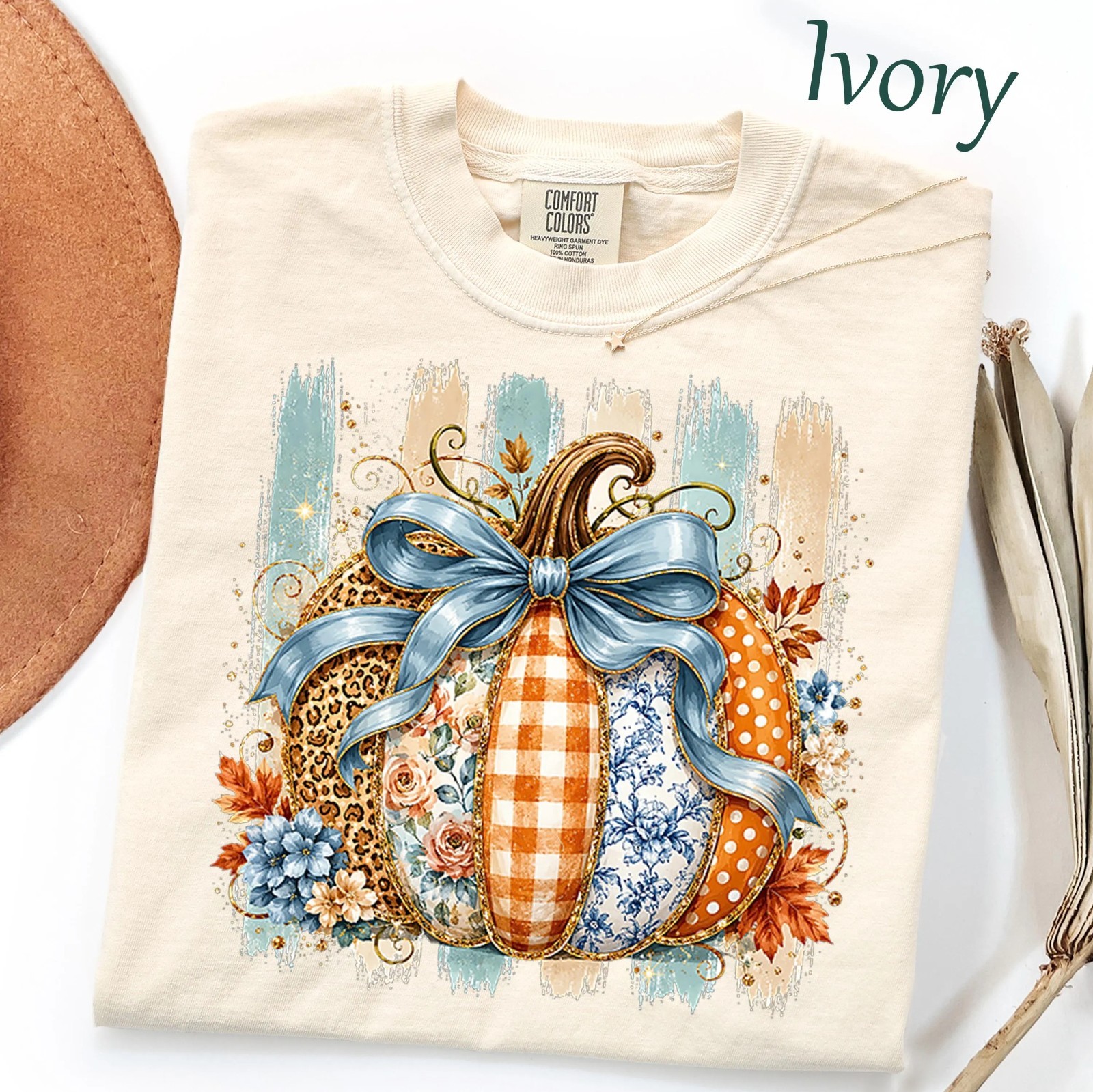 Comfort Colors Preppy Coquette Pumpkin Striped Glitter Fall T-Shirt
