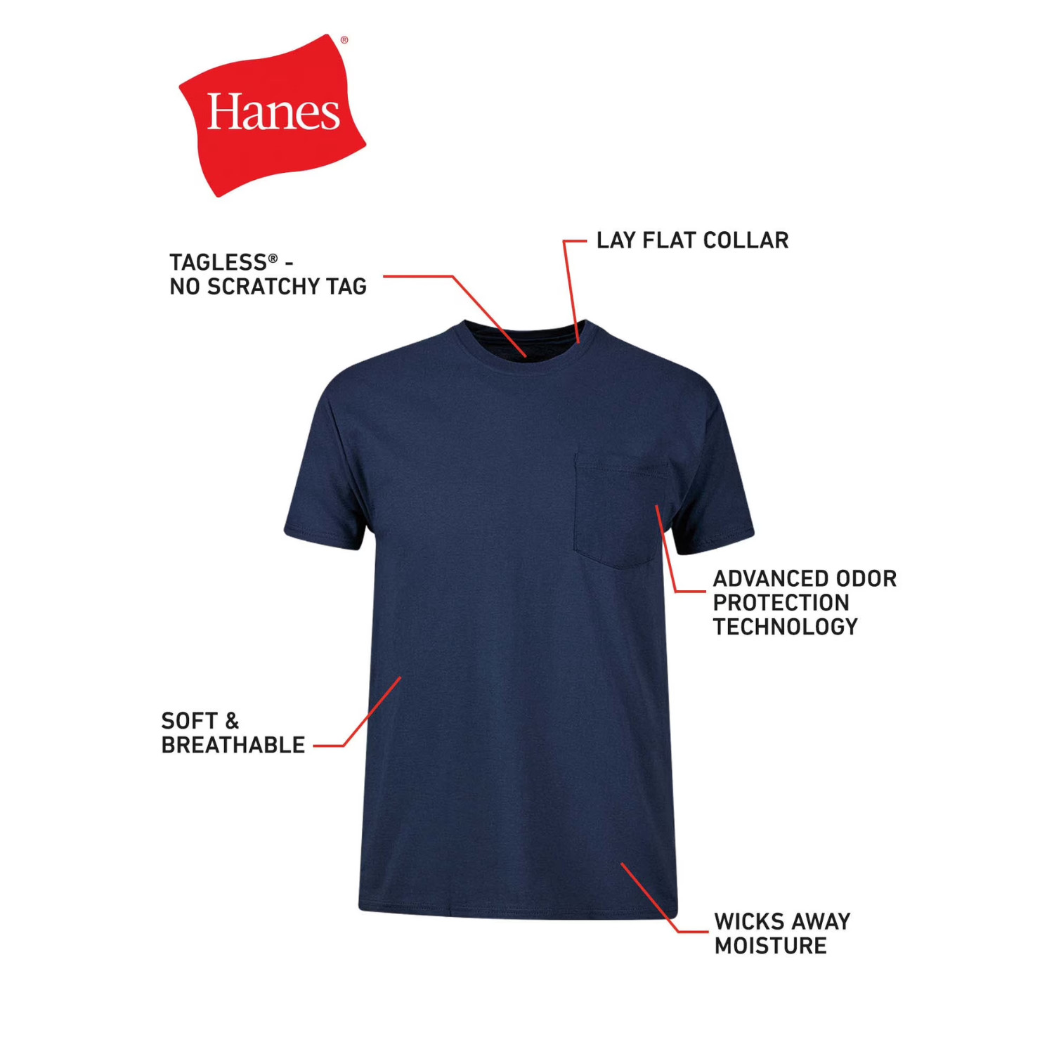 Hanes 6 Pack Pocket T Shirt Assorted Cotton Breathable Undershirt, Size XL