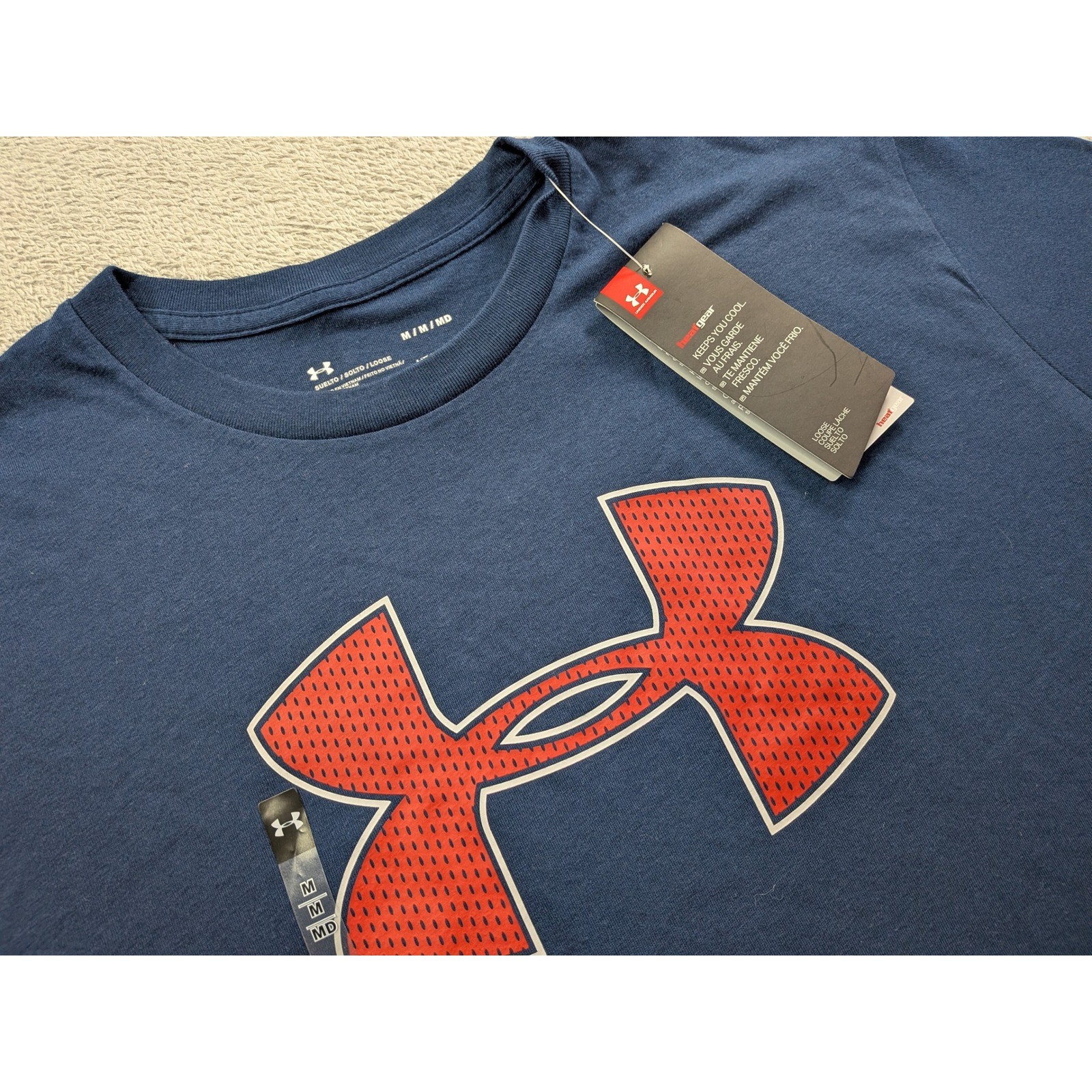 Under Armour Mens HeatGear Big Logo Graphic T-Shirt Navy Blue Red 1329583 Medium