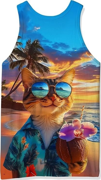 Cool Cat Hawaiian Shirt Tank Top 3D Coconut Drink Sunset Beach Sleeveless Tee